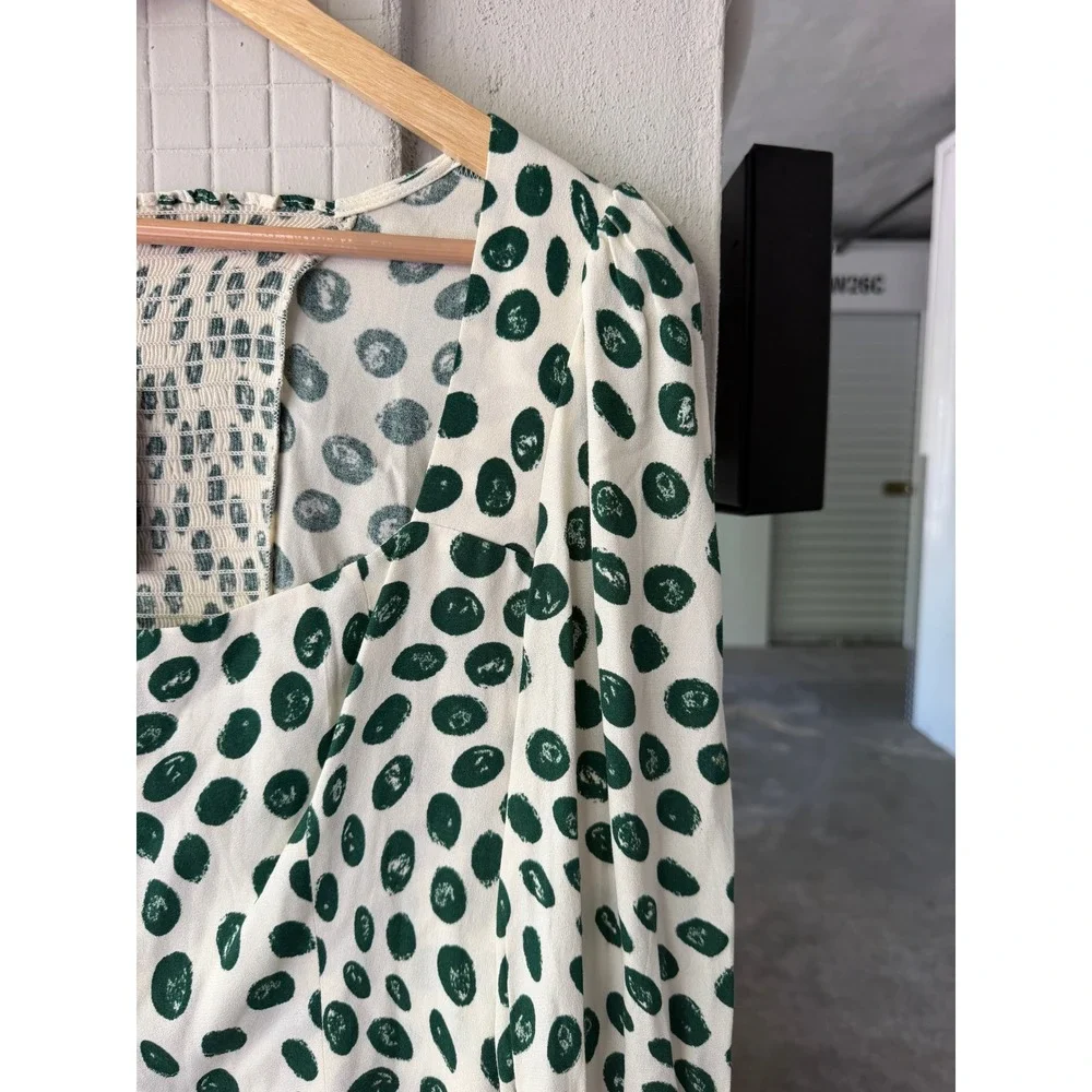 Reformation Calla Blouse in Tapioca Blouse 10 Ivory Green Polka Dot Puff Sleeve
